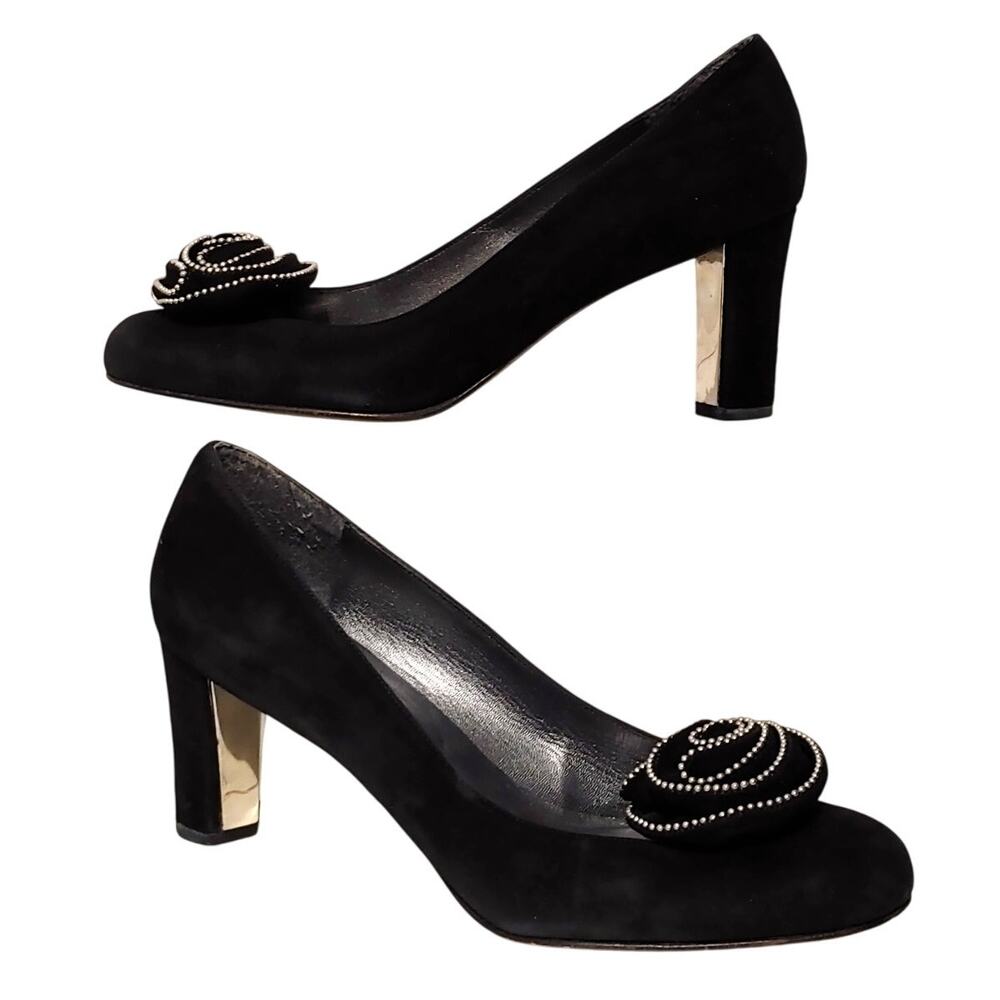 Stuart Weitzman Round Toe Studded Rose Pump Heels Suede Black Womens 8M